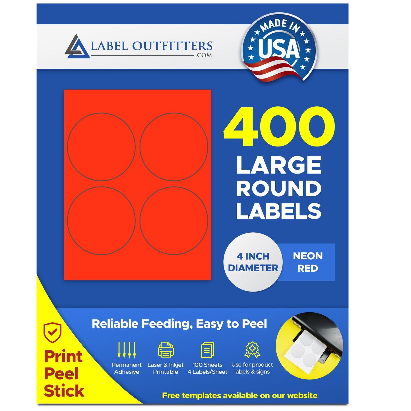 400 Large Round Fluorescent Neon Red High Visibility 4" Diameter Labels by Label Outfitters® - 4 Labels Per Sheet - 100 Sheets
