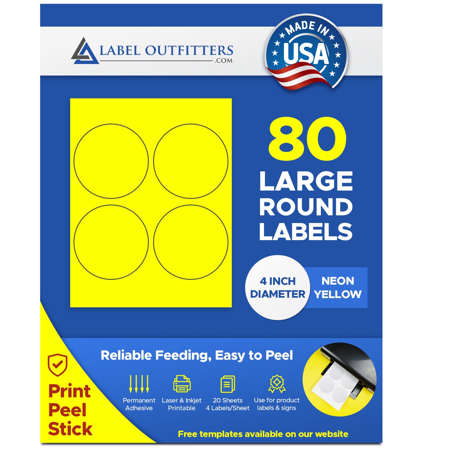 80 Large Round Neon Fluorescent Yellow 4" Diameter Labels - 4 Labels Per Sheet - 20 Sheets