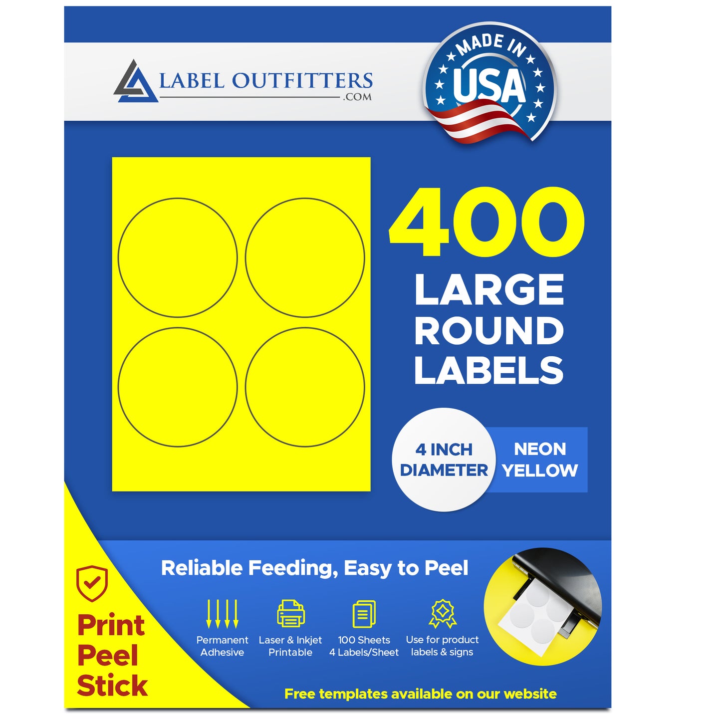 400 Large Round Fluoresent Neon Yellow High Visibility 4" Diameter Labels by Label Outfitters® - 4 Labels Per Sheet - 100 Sheets