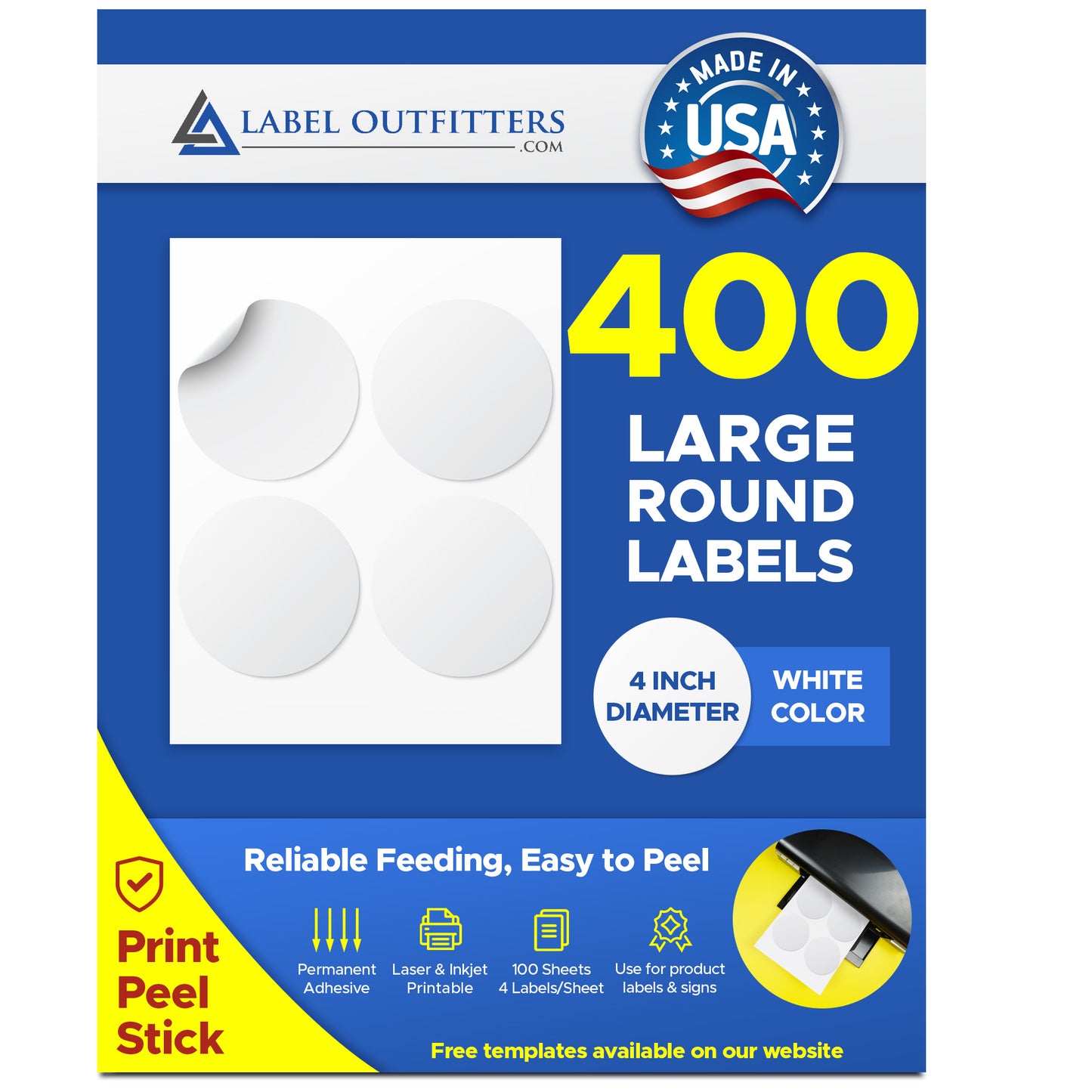 400 Large Round White Matte Labels, 4 inch Diameter, 4 Labels per Sheet 100 Sheets