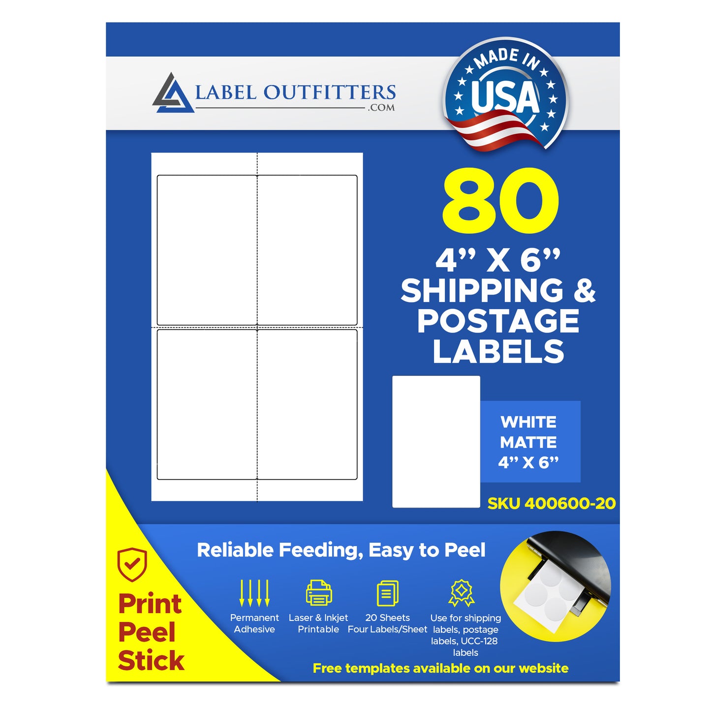 80 Large 4" x 6" Label Outfitters® GS1-128 Semi Gloss Shipping Labels, 4 Labels Per Sheet, 20 Sheets