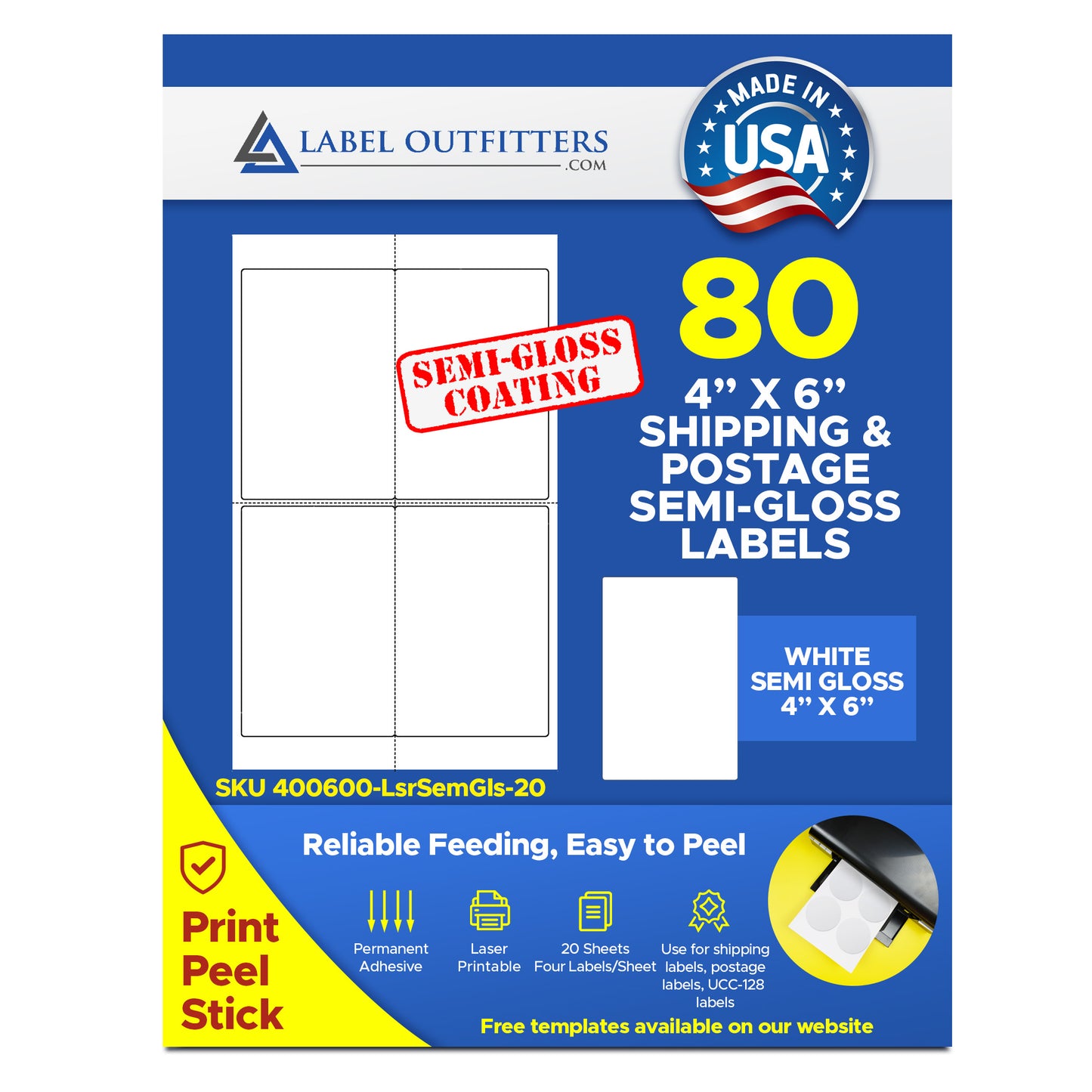 80 Large 4" x 6" Label Outfitters® Laser Semi Gloss GS1-128 Shipping Labels, 4 Label Per Sheet, 20 Sheets