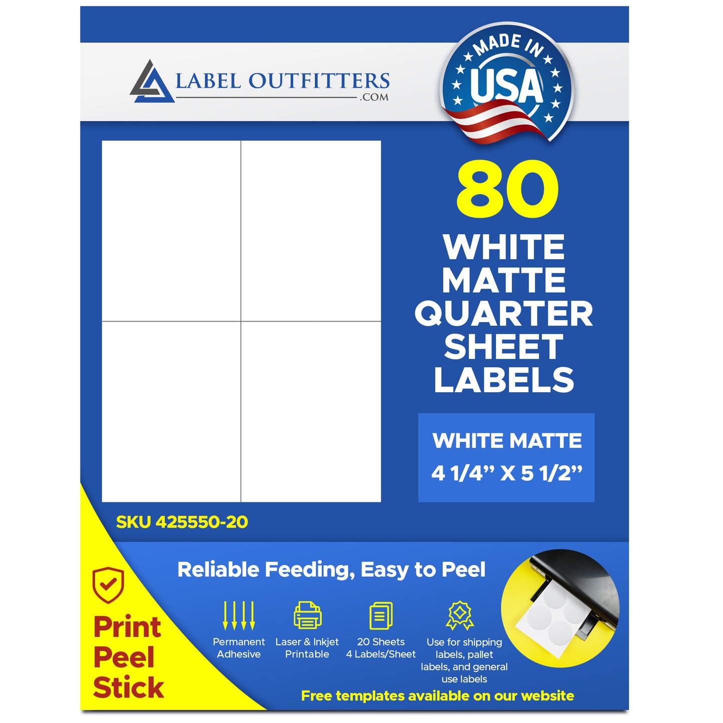 80 White Matte Labels 4-1/4" x 5-1/2" 4 Labels Per Sheet 20 Sheets