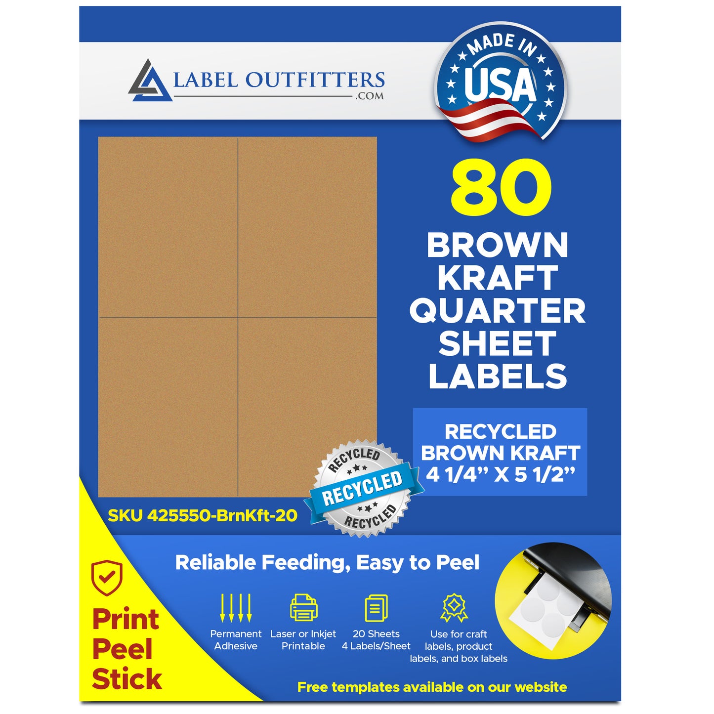 80 Recycled Brown Kraft Labels 4-1/4" x 5-1/2" 20 Sheets 4 Labels Per Sheet