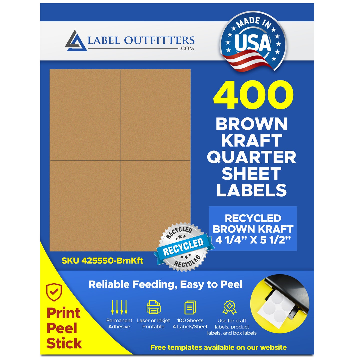 400 Recycled Brown Kraft Labels 4-1/4" x 5-1/2" 4 Labels Per Sheet 100 Sheets