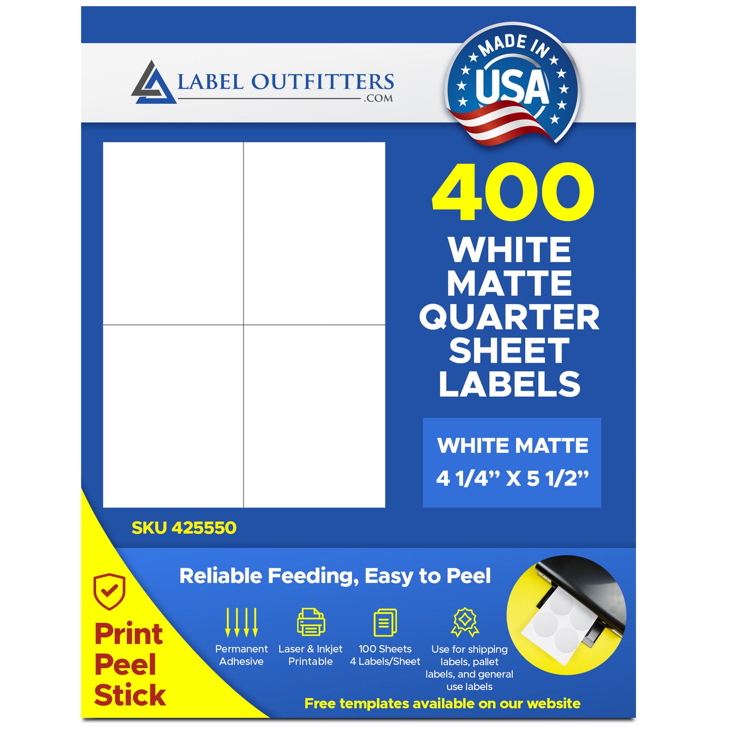 400 White Matte Labels 4-1/4" x 5-1/2" 4 Labels Per Sheet 100 Sheets