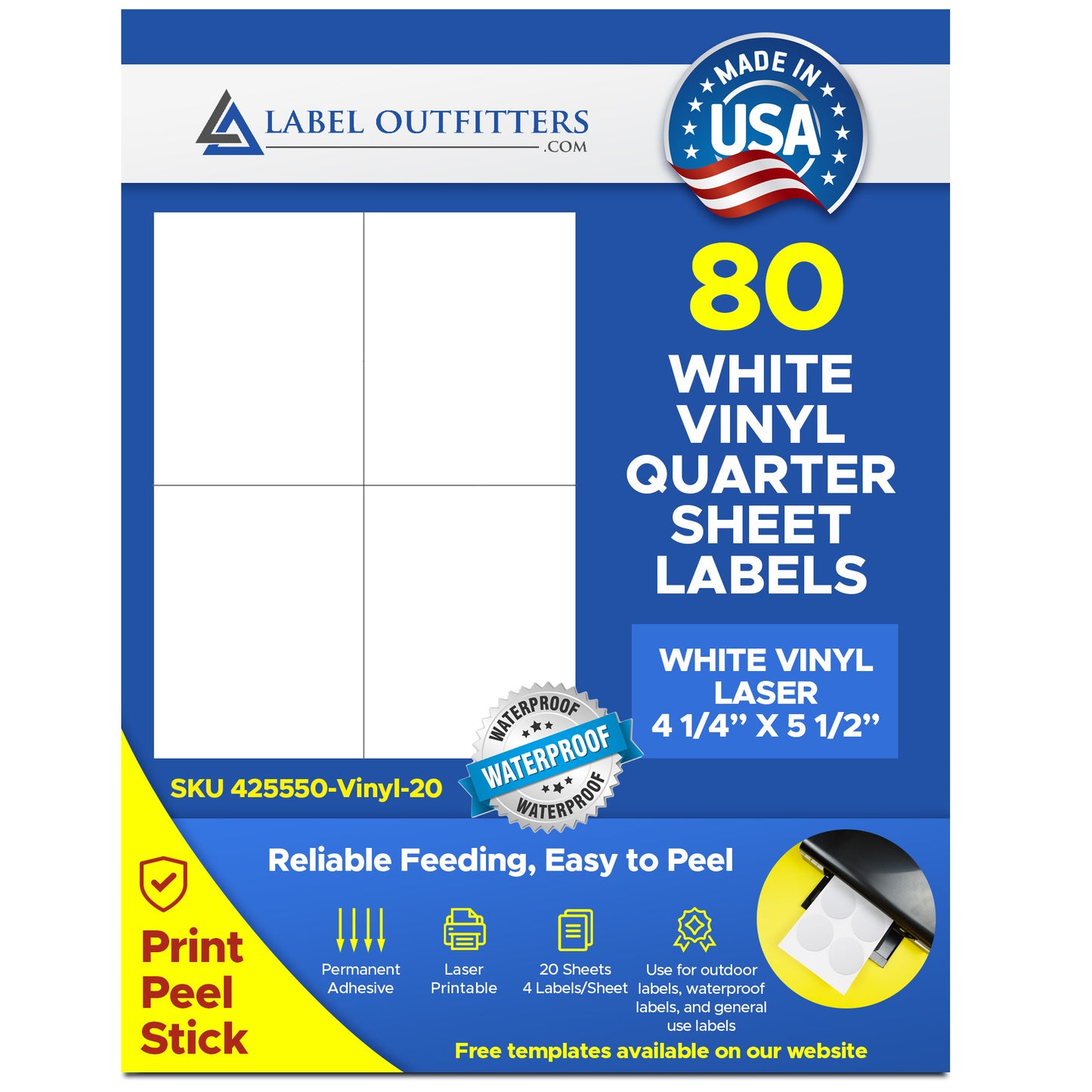 80 Vinyl Waterproof Laser Labels for Outdoor Use, 4-1/4" x 5-1/2", 20 Sheets, 4 Labels per Sheet