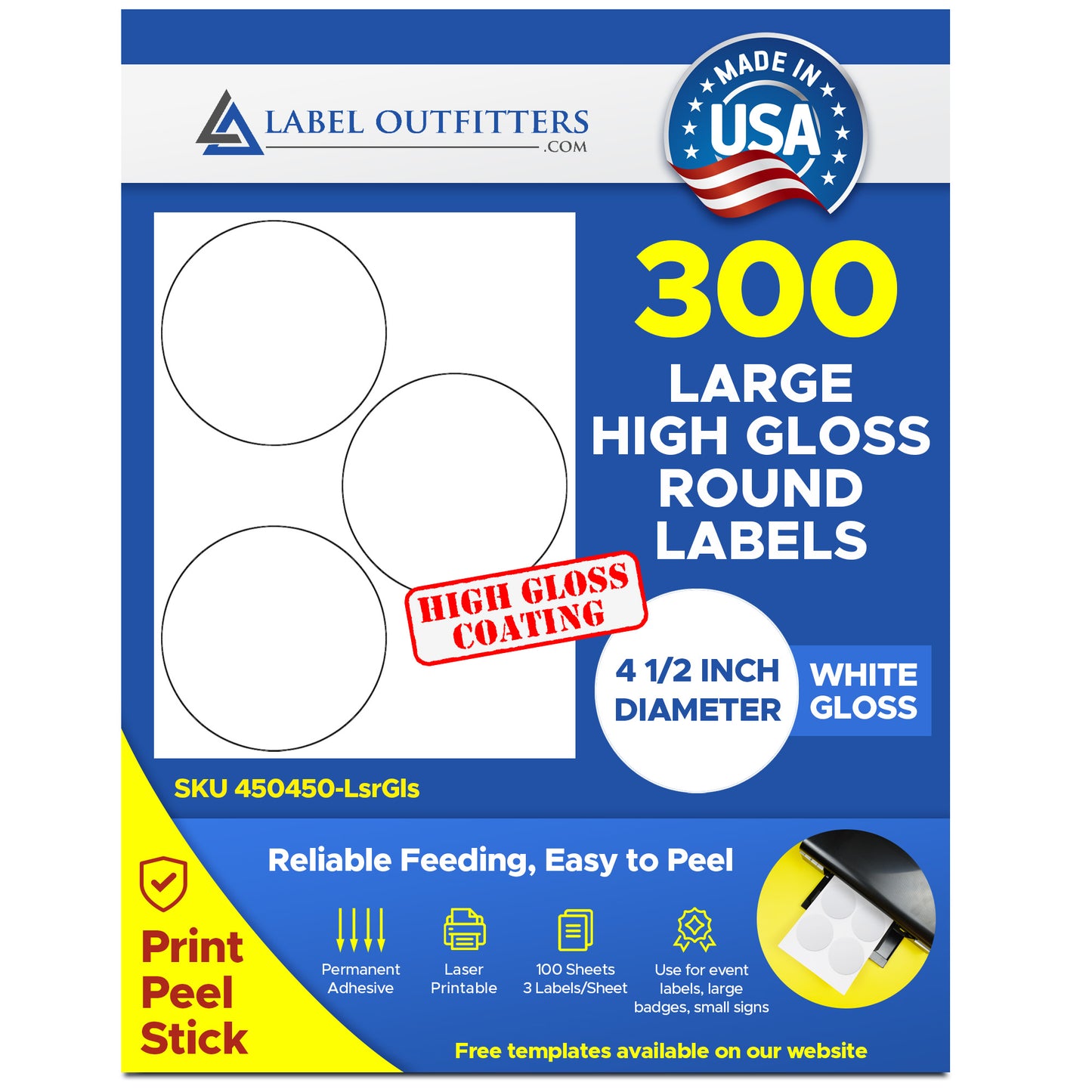 300 Laser High Gloss White 4.5" Diameter Labels by Label Outfitters® - 100 Sheets - 300 Labels