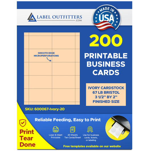 200 Laser and Inkjet Printable Both Sides Business Cards, Ivory 67# Bristol, 20 Sheets