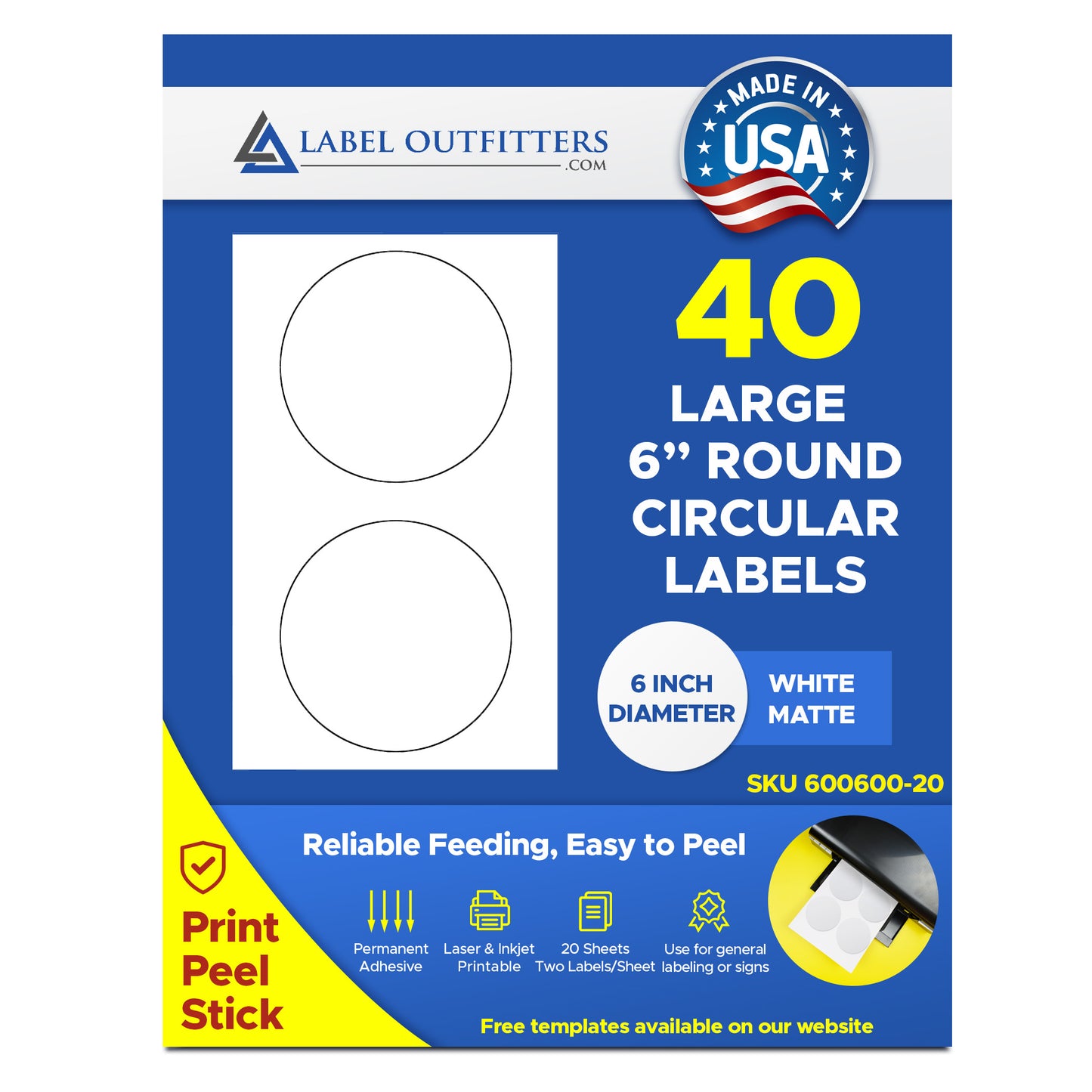 40 Large 6 inch Diameter Round White Matte Labels 20 Sheets 2 Labels per Legal Size Sheet