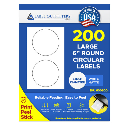 200 Very Large 6" Diameter White Matte Printable Labels 2 Up On Legal Sheet, 100 Sheets