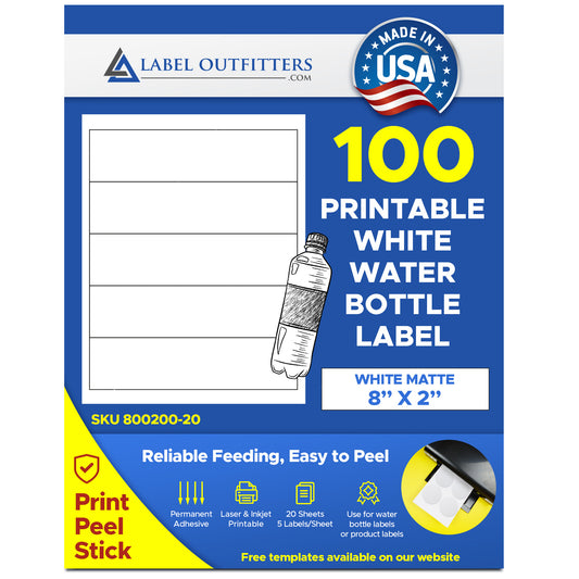 100 Water Bottle Labels 8" X 2" White Matte Permanent Adhesive 5 Labels Per Sheet 20 Sheets