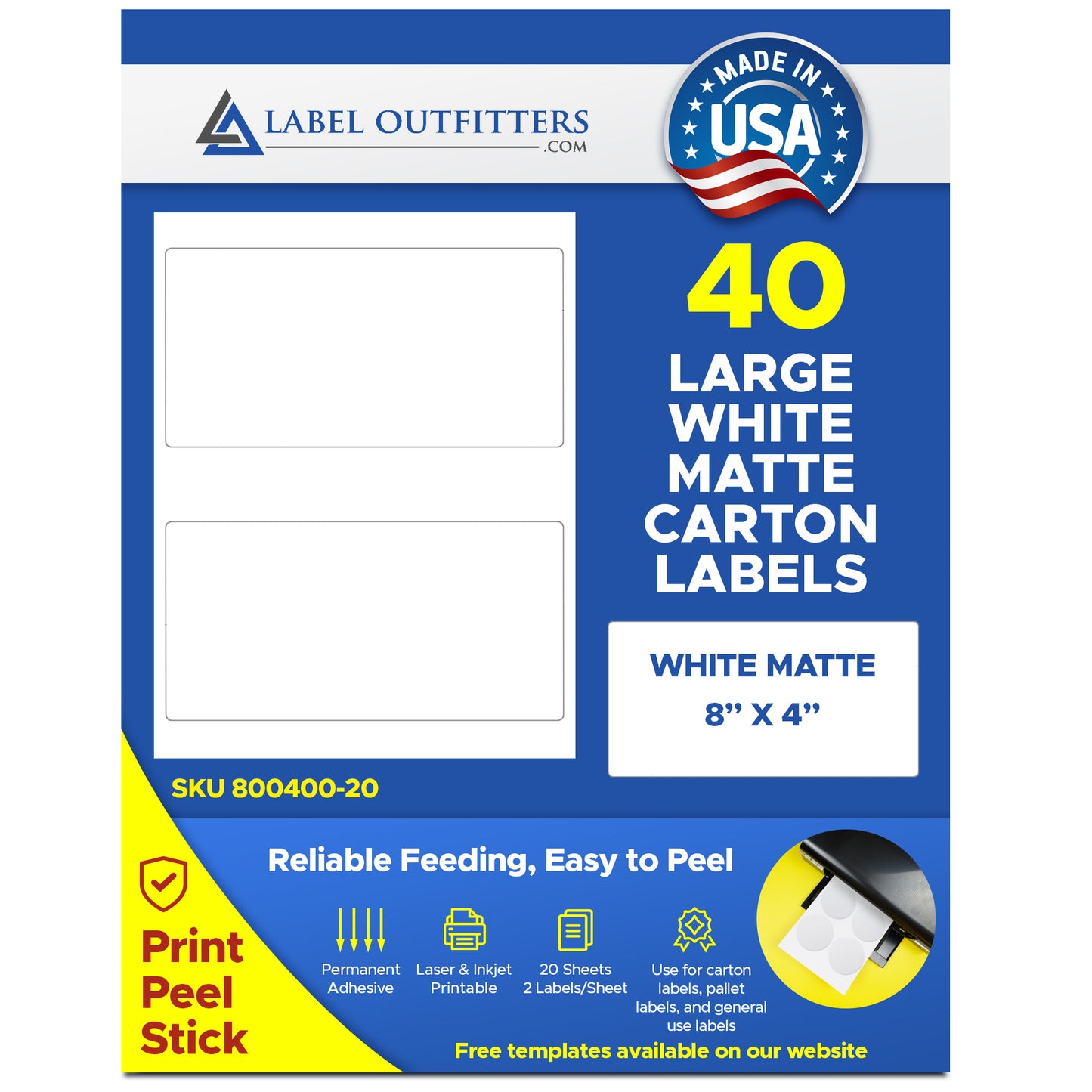 40 Large White Matte Labels 8" x 4" inches 2 Labels Per Sheet 20 Sheets