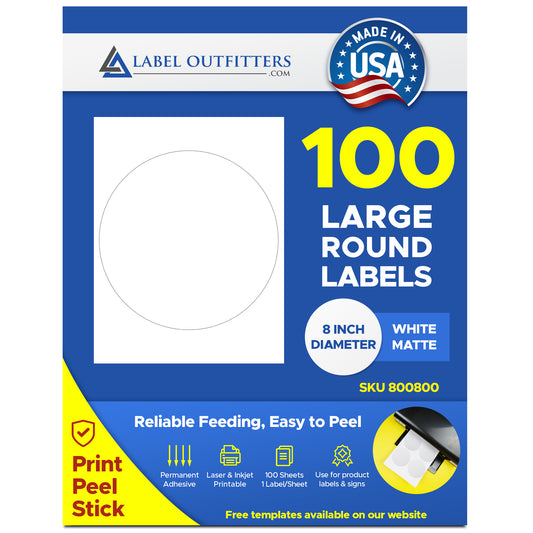 100 Large 8" Round White Matte Printable Labels 100 Sheets 1 Label per Sheet