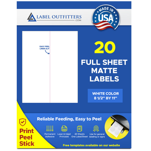 20 Sheets Blank Full Sheet Laser and Inkjet Printable Label with ONE VERTICAL SLIT in liner use Avery® 5165