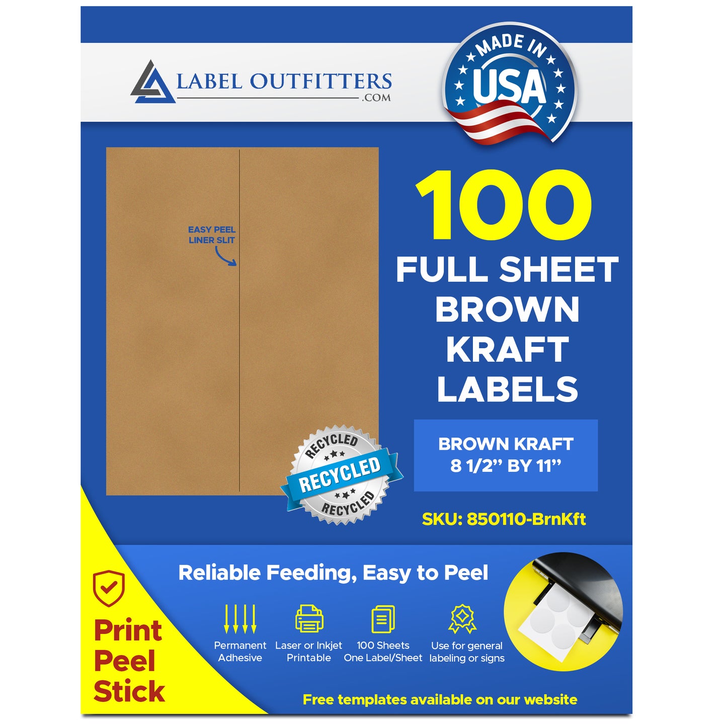 100 Full Sheet Recycled Printable Brown Kraft Labels 8-1/2" x 11" One Label Per Sheet 100 Sheets