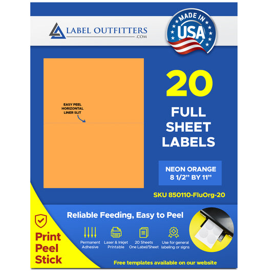 20 Full Sheet 8.5" x 11" Fluorescent Neon Orange High Visibility Labels One Label Per Sheet 20 Sheets