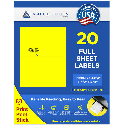 20 Full Sheet Fluorescent Neon Yellow High Visibility 8.5" x 11" Labels One Label Per Sheet