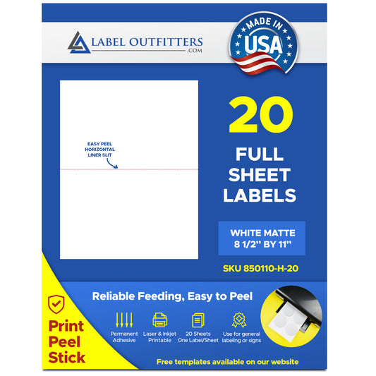 20 Sheets 8-1/2" x 11" Full Sheet White Matte Printable Labels One Label Per Sheet
