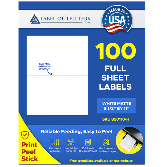 100 Full Page Blank White Laser and Inkjet Printable Labels w/ One Horizontal Liner Slit use Avery® 5165, Uline® S-5045  Template