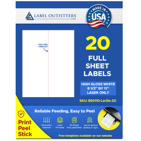 20 Printable Laser Glossy Full Page 8.5" x 11" One Label Per Sheet 20 Sheets