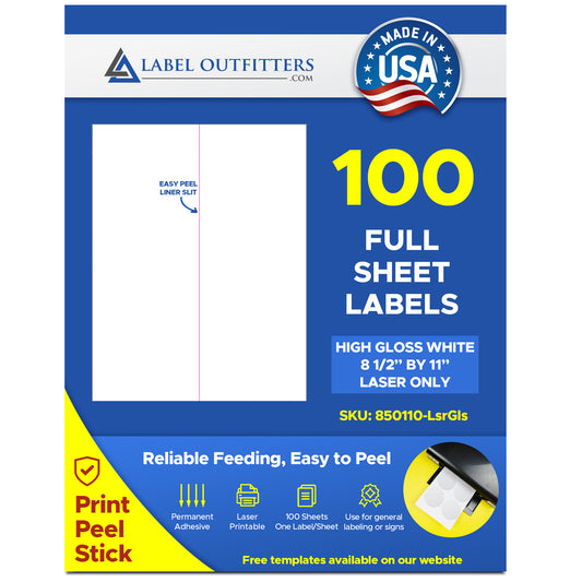 100 Printable High Gloss Full Page 8.5" x 11" Laser Labels One Label Per Sheet 100 Sheets