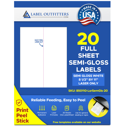 20 Full Sheet White Semi Gloss Printable Laser Labels One Label per Sheet 20 Sheets