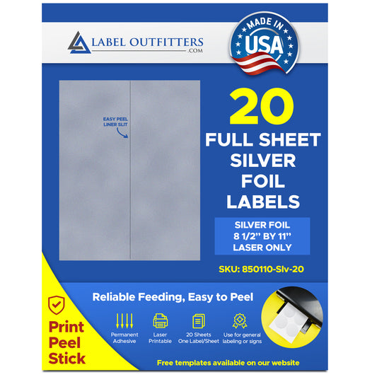 20 Full Sheet Silver Metallic Foil Laser 8-1/2" x 11" One Label Per Sheet 20 Sheets