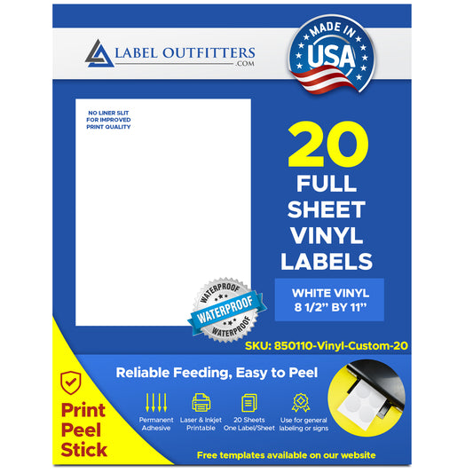 20 Sheets Heavy Duty White Vinyl Labels Full Sheet 8-1/2" x 11" 20 Sheets No Liner Slit