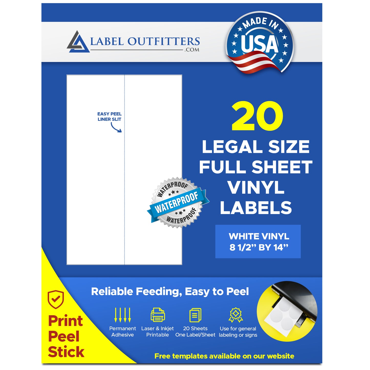 20 Large Full Legal Sheet 8.5" x 14" White Vinyl Weatherproof Heavy Duty Labels