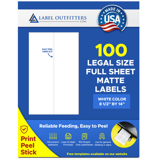 100 Very Large 8.5" x 14" White Matte Printable Labels Legal SizeFull Sheet One Label Per Sheet