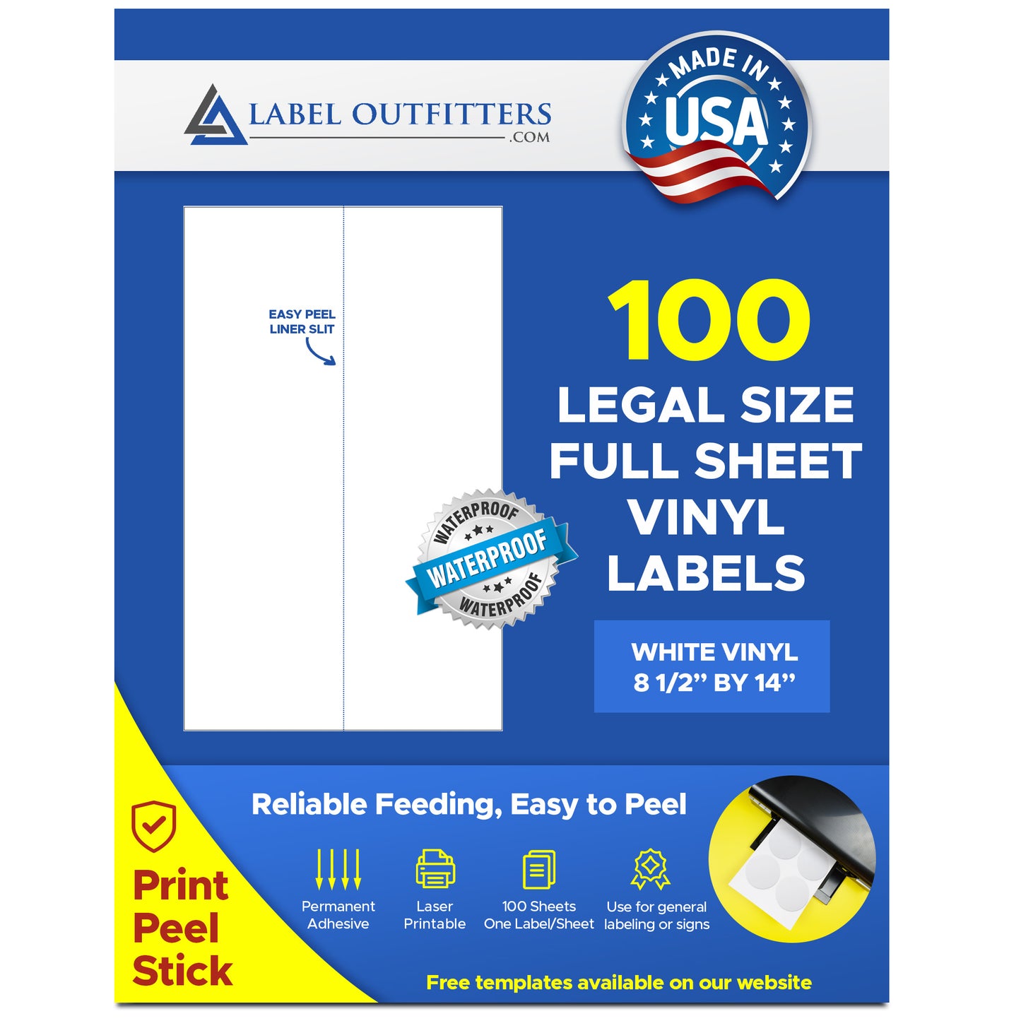 100 Very Large 8.5" x 14" White Laser Vinyl Heavy Duty Waterproof Labels One Label Per Sheet 100 Sheets