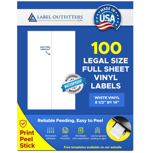 100 Very Large 8.5" x 14" White Laser Vinyl Heavy Duty Waterproof Labels One Label Per Sheet 100 Sheets