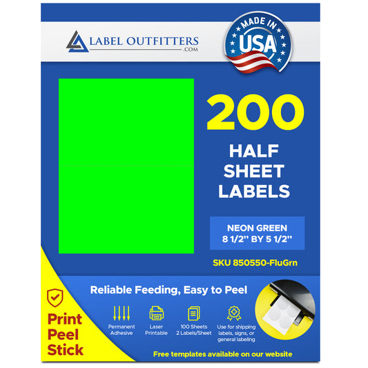 200 Large Fluorescent Neon Green High Visibility Labels, 8.5" x 5.5" 100 Sheets 2 Labels Per Sheet