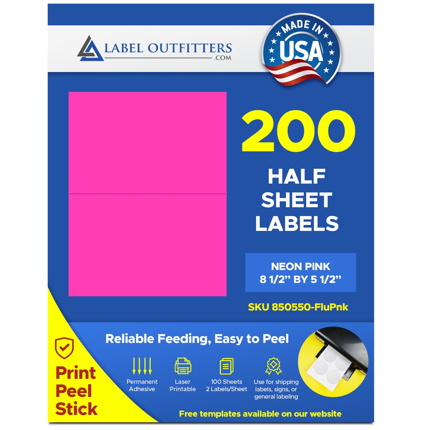 200 Large Neon Fluorescent Pink (Magenta) Labels 8-1/2" x 5-1/2" 100 Sheets 2 Labels Per Sheet