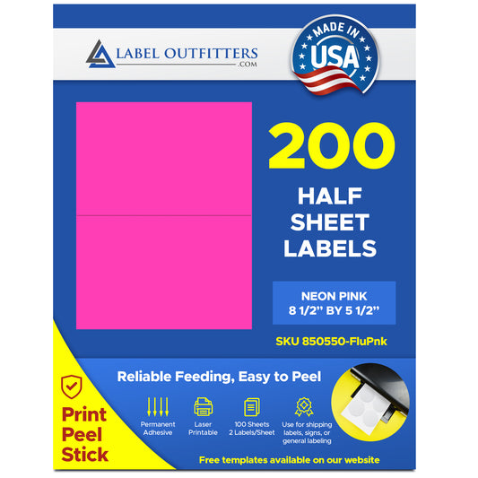 200 Large Neon Fluorescent Pink (Magenta) Labels 8-1/2" x 5-1/2" 100 Sheets 2 Labels Per Sheet