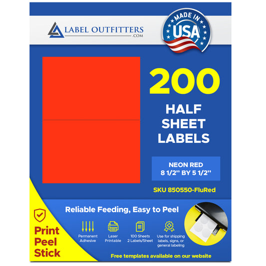 200 Neon Fluorescent Red Labels 8-1/2" x 5-1/2" 100 Sheets 2 Labels Per Sheet