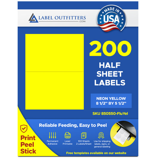 200 Large Fluorescent Neon Yellow 8-1/2" x 5-1/2" 100 Sheets 2 Labels Per Sheet