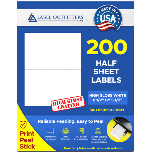 200 White High Gloss Laser Half Sheet Labels 8.5" x 5.5" inches 100 Sheets 2 Labels Per Sheet