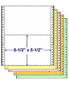 9-1/2" x 5-1/2" Continuous 5 Part Carbonless Pinfeed Computer Paper, Color Sequenced
