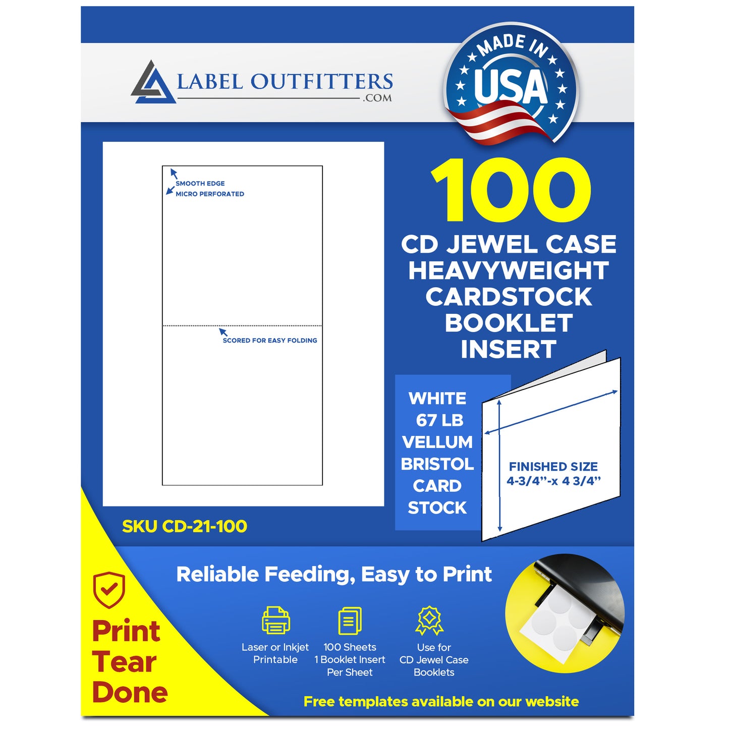 100 Jewel Case Mini Booklet Insert White 67# Cardstock 100 Sheets Print Your Own