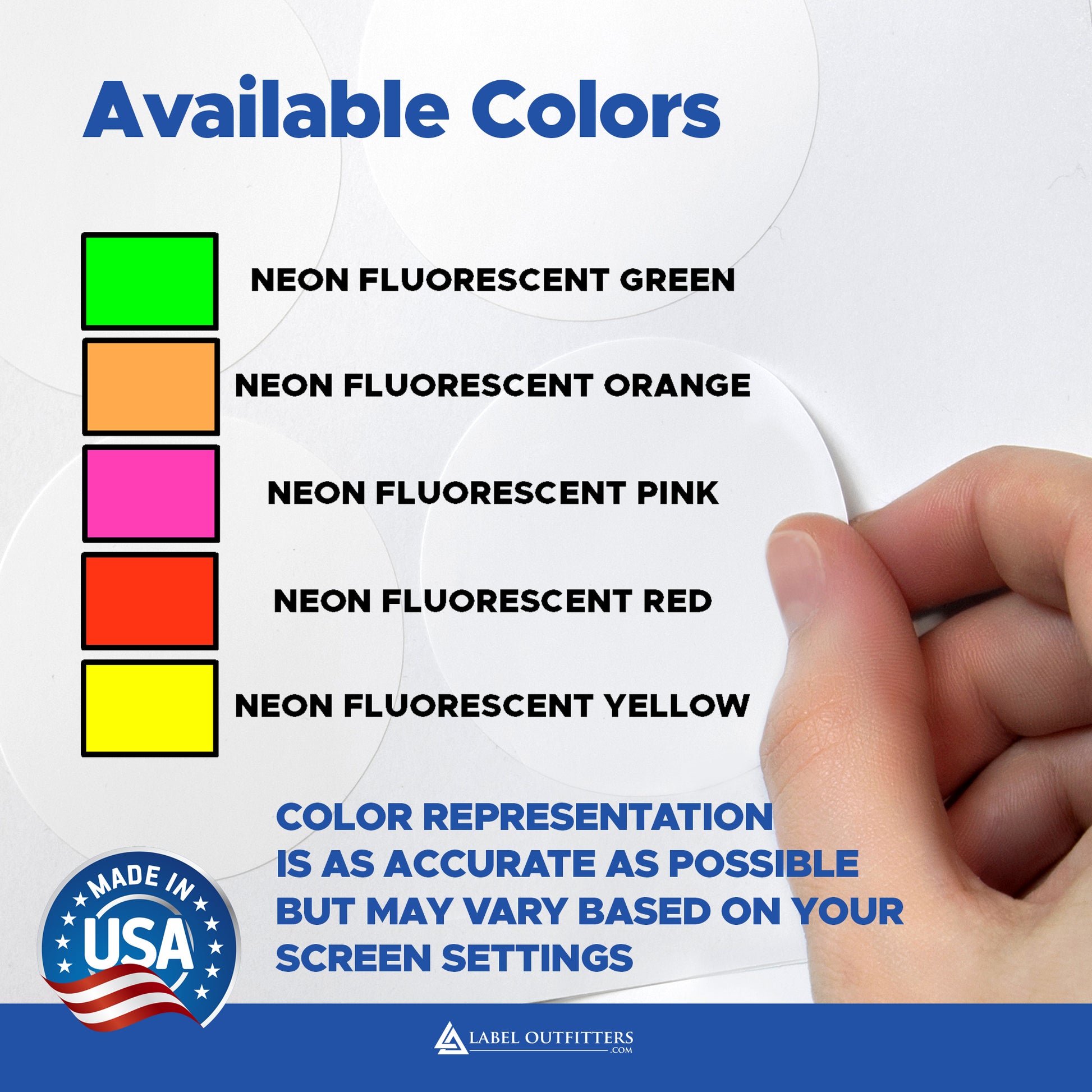 Color swatch chart with neon fluorescent colors and a hand holding a marker, with 'Label Outfitters' branding.