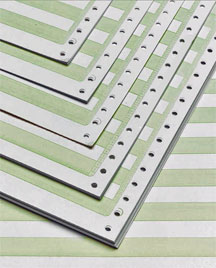 One Part Continuous Paper, 14-7/8 x 11, 15#, 1/2 inch HIGHLIGHTED Green Bar, NO Marginal Perfs, 3,500 Sets per Case