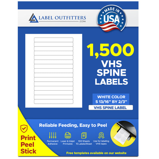 1,500 LabelOutfitters® White Matte VHS Video Tape Spine Labels 100 Sheets 15 Labels Per Sheet