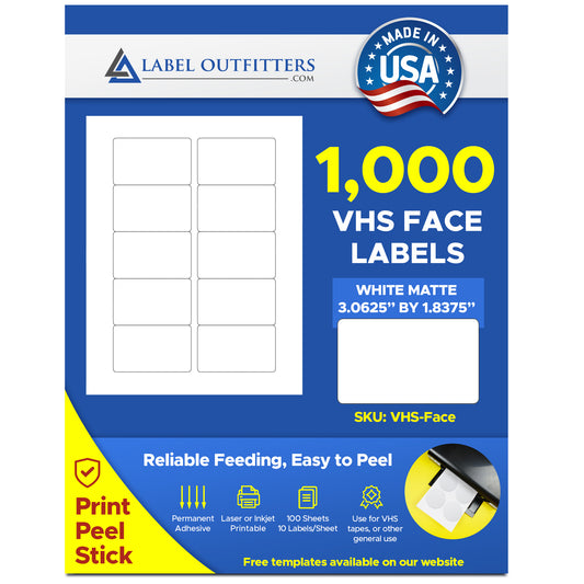 1,000 Printable White Matte VHS Video Tape Face Labels 100 Sheets 10 Labels Per Sheet
