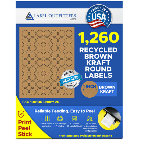 1,260 Labels, 1 inch diameter Round Brown Kraft Circles, 20 sheets with 63 Labels per Sheet, for Laser and Inkjet