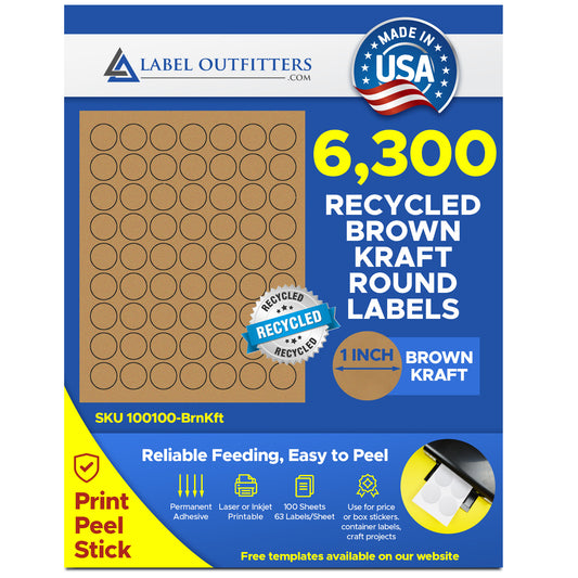 6,300 Labels, 1 Inch Diameter Round Brown Kraft Circles, 100 Sheets with 63 Labels per Sheet for Laser and Inkjet