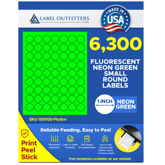 6,300 LASER ONLY Labels, 1 inch Round  Fluorescent Neon Green Stickers or Labels , 63 Labels per Sheet,100 Sheets