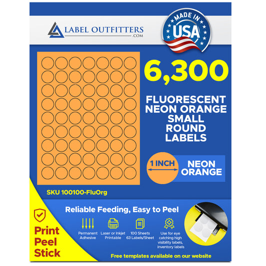 6,300 LASER ONLY 1 inch Diameter Round Labels, 63 Stickers per Sheet, Fluorescent Orange, 100 Sheets