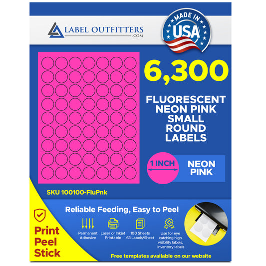 6,300 Fluorescent Pink 1 inch Diameter Small Circle LASER ONLY Labels, 63 Stickers pre Sheet,100 Sheets Round Stickers